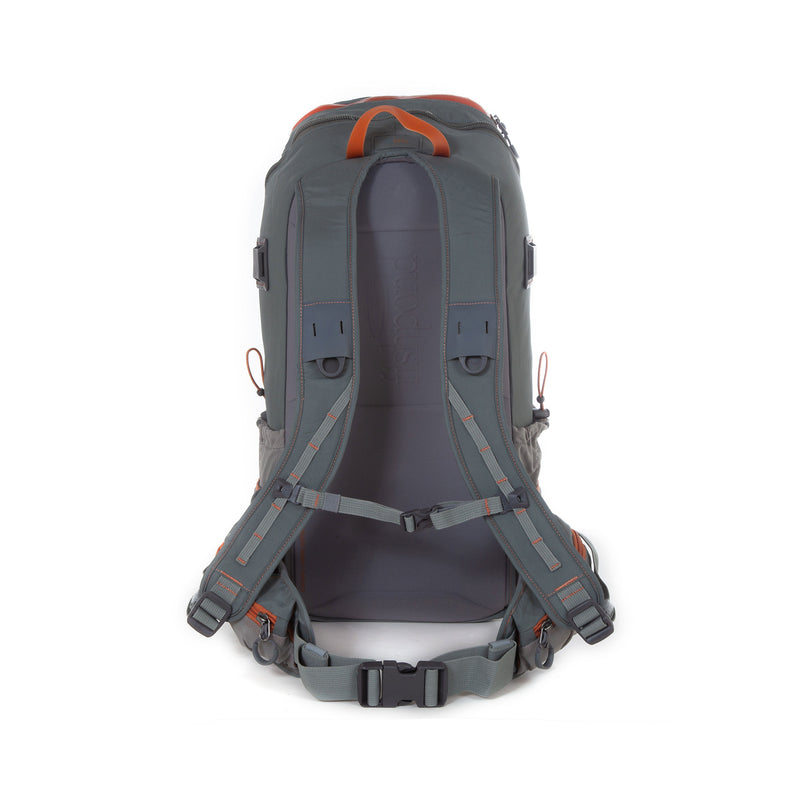 Fishpond Firehole backpack, back view with padded straps and orange carry handle