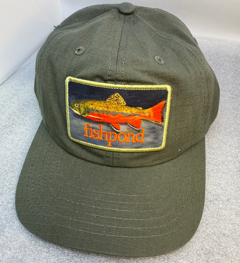 Lightweight olive cap hat with front fishpond fish patch