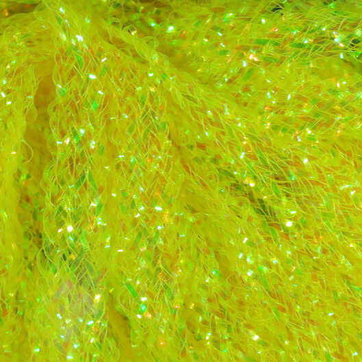 Hareline Diamond Braid, chartreuse-green flat braid with glowing gold sparkle threads