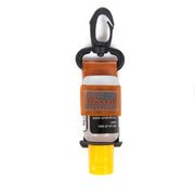Fishpond floatant bottle holder holding clear bottle with orange pouch and yellow base