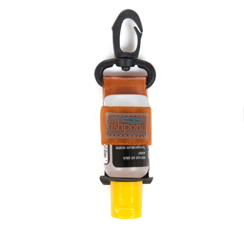 Fishpond floatant bottle holder holding clear bottle with orange pouch and yellow base