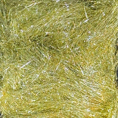 Fly tying dubbing material with light olive and gold sparkly strands