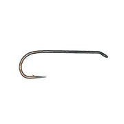 Curved fly fishing hook, dark metal, barbed point