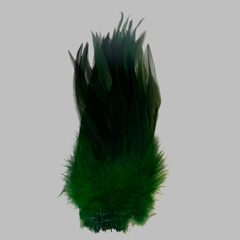Strung rooster saddle feathers, dark green with dense feathery barbs.
