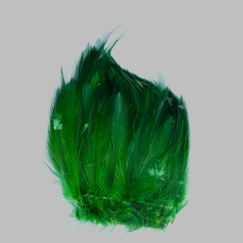 Strung neck hackle feathers, vivid green with fine wispy fibers