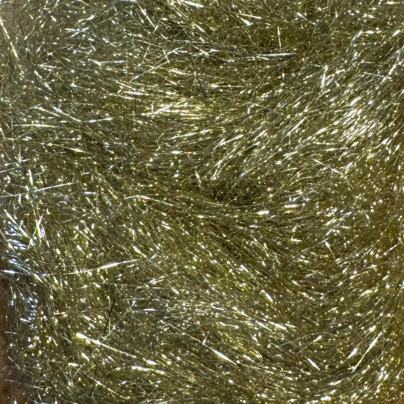 Fly tying dubbing material with olive green and silver sparkly strands