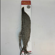 Pro grade half cape hackle, black-and-white speckled feather fibers on card