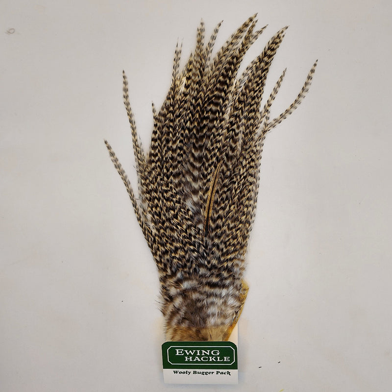 Speckled brown wooly bugger fly pack with feather tuft