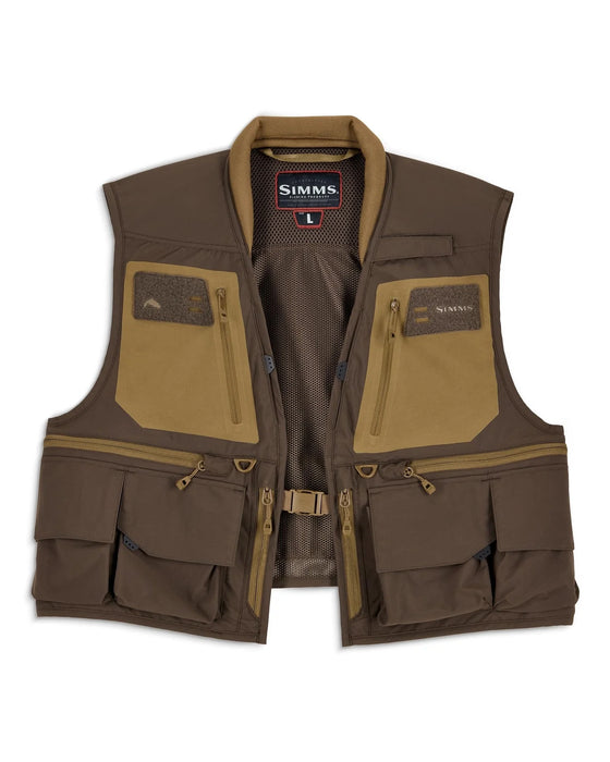 Brown fishing vest with multiple pockets and a visible brand label on a white background