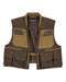 Brown fishing vest with multiple pockets and a visible brand label on a white background