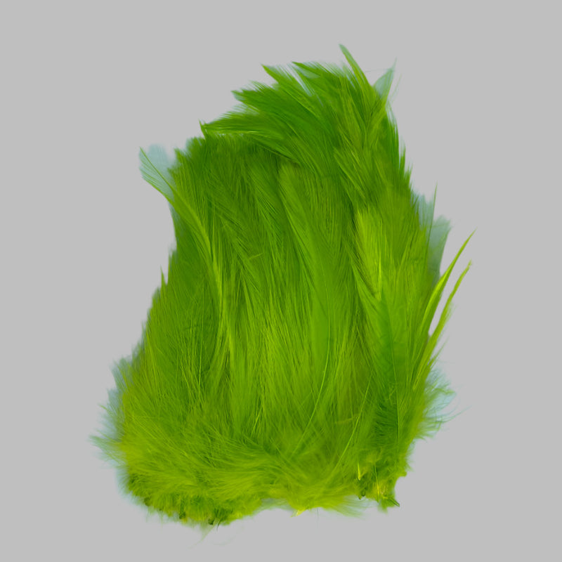 Strung neck hackle feathers, bright green with soft wispy fibers