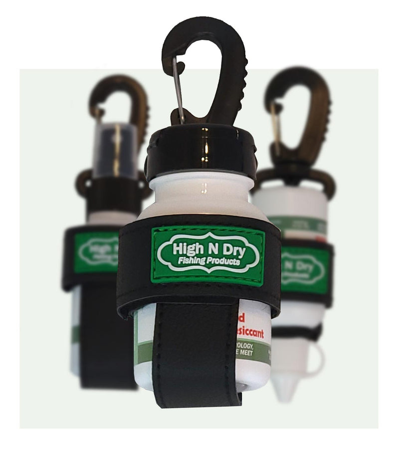 High N Dry fishing products desiccant holder with black strap and white container