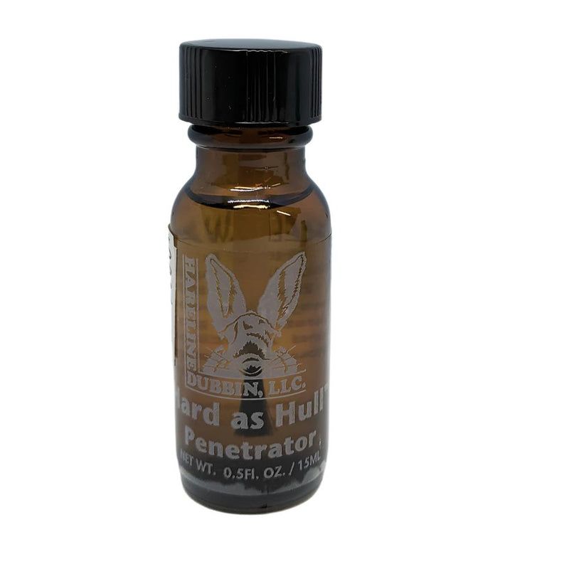 Hard as Hull head penetrator bottle, amber glass with black cap, DUBBIN, LLC label