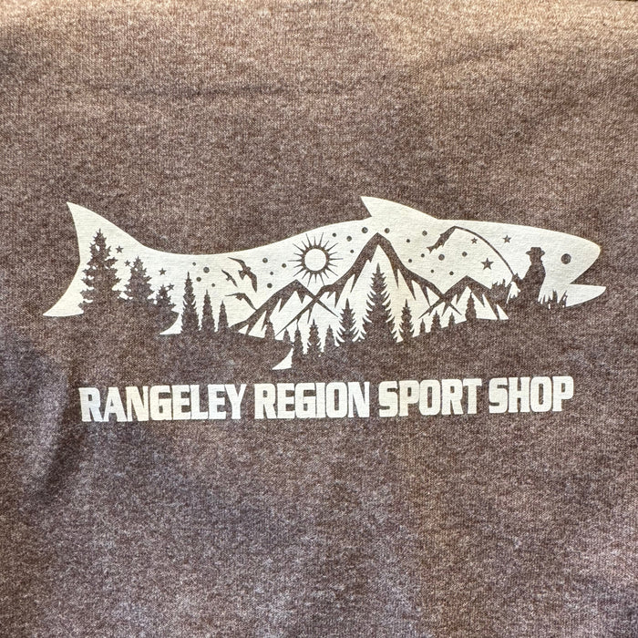 Heather brown short-sleeve tee shirt with landscape graphic and 'RANGELEY REGION SPORT SHOP' text