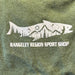Heather green short-sleeve tee shirt with landscape graphic and 'RANGELEY REGION SPORT SHOP' text