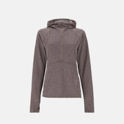 Women's bugstopper hoody in heathered dark gray, half-zip front, hood.