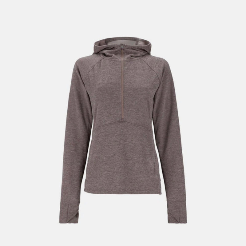 Women's bugstopper hoody in heathered dark gray, half-zip front, hood.