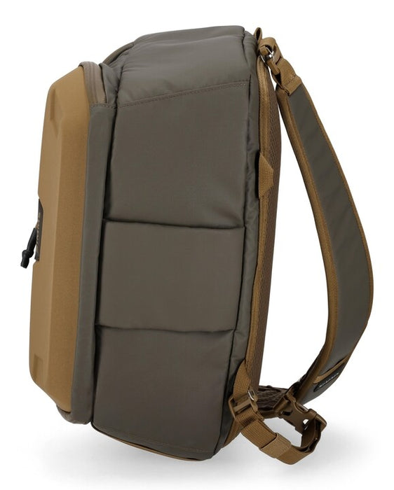 Side view vertical Hickory colored sling pack with white background