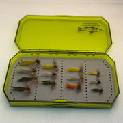 Green hinged fly box with 13 feathered fishing flies in numbered tray