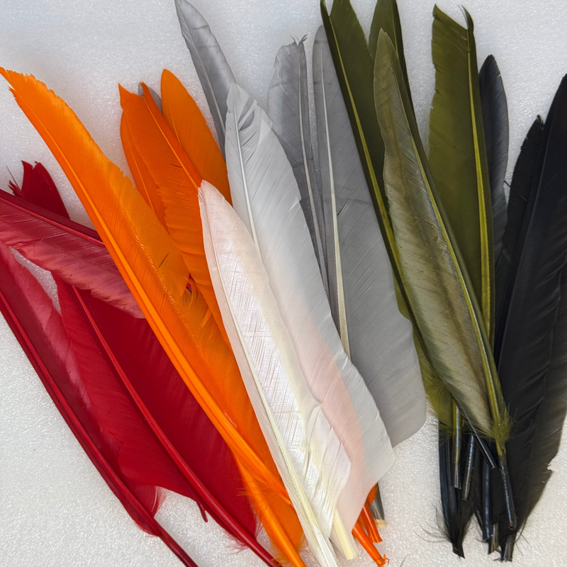 Duck quills bundle in red, orange, white, olive green, gray, and black
