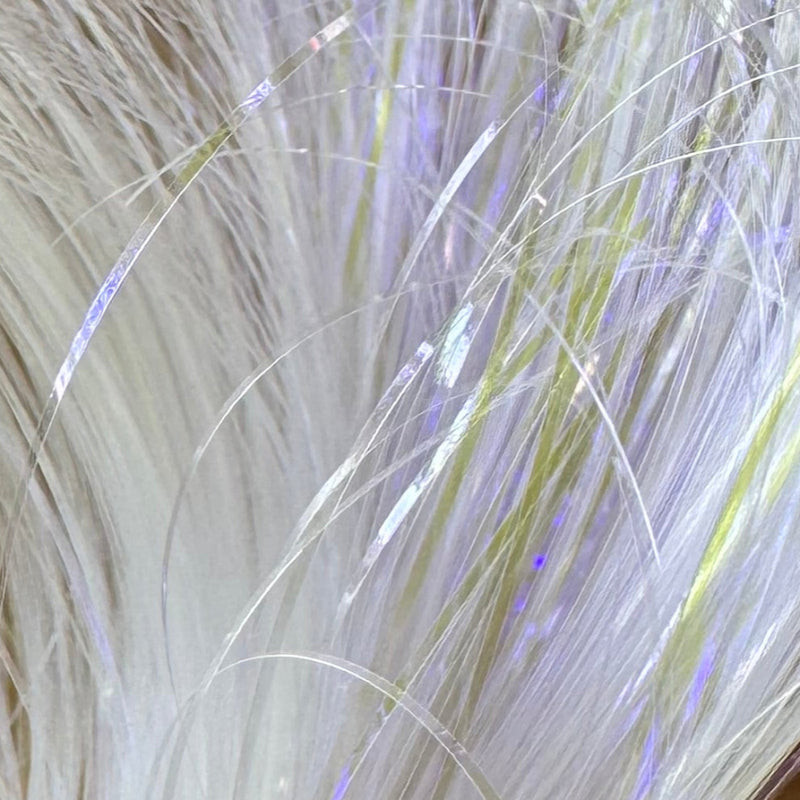 Silver-white marabou tinsel strands with pale blue and green shimmer, fine fibers