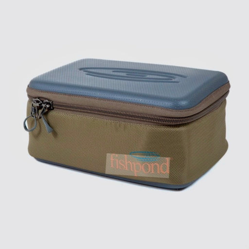 Large Fishpond reel case with a molded blue lid, brown zipper, and sand-colored fabric body