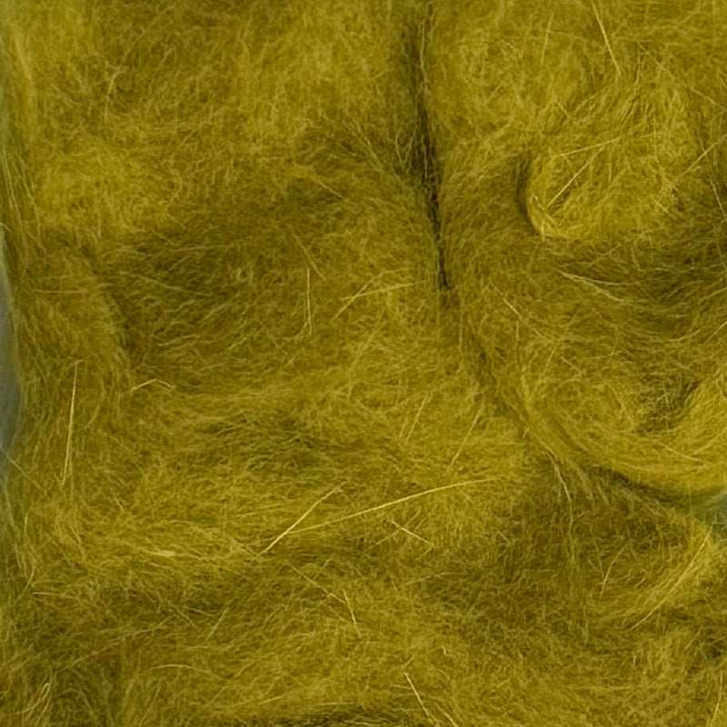 Rabbit dubbing material in yellow-green, thick shaggy fibers.