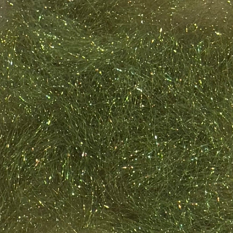 Fly tying dubbing material with dark olive green sparkly strands