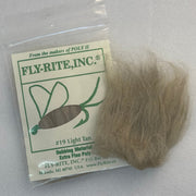 Light tan dubbing material fibers in a clear bag with label