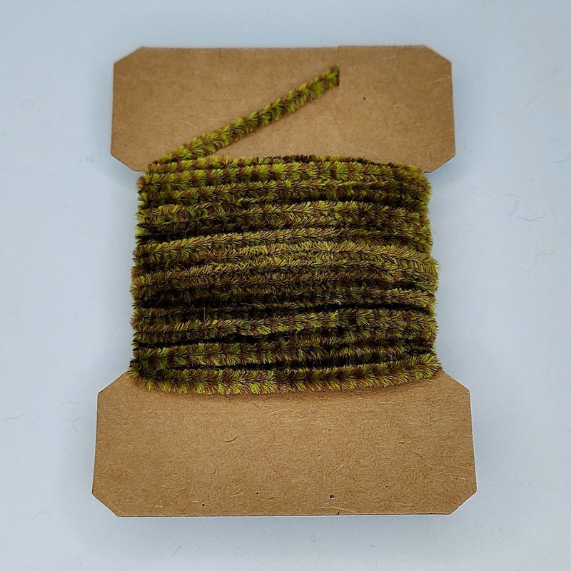 Medium variegated chenille yarn spool, olive green and brown striped texture
