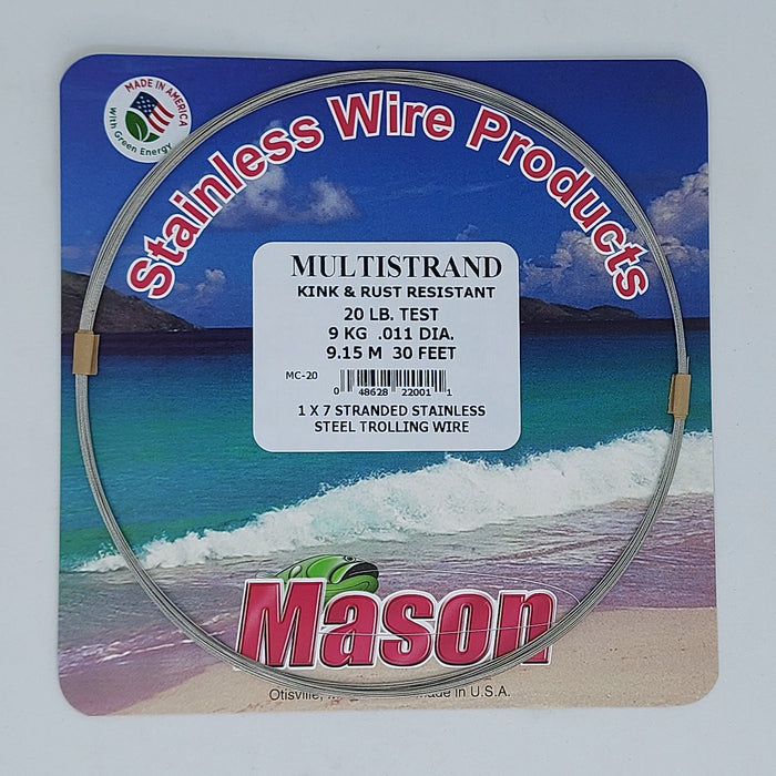 a coil of 20 pound wire in a package of Mason Multistrand wire with ocean photo background