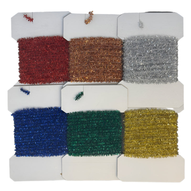 Assorted chenille tinsel spools in red, copper, silver, blue, green, and gold