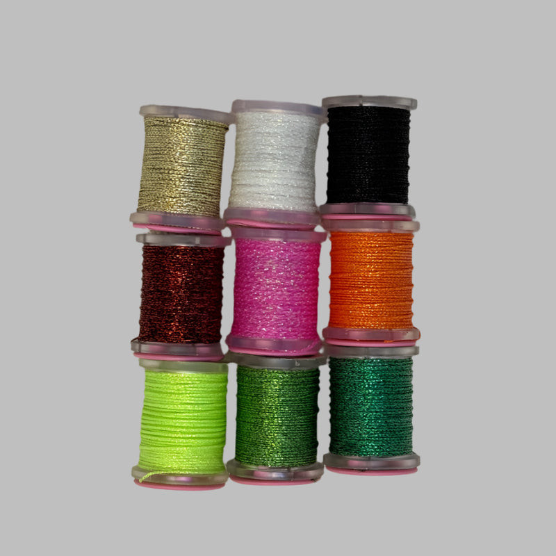 Mini sparkle braid spools set in gold, silver, black, burgundy, pink, orange, green
