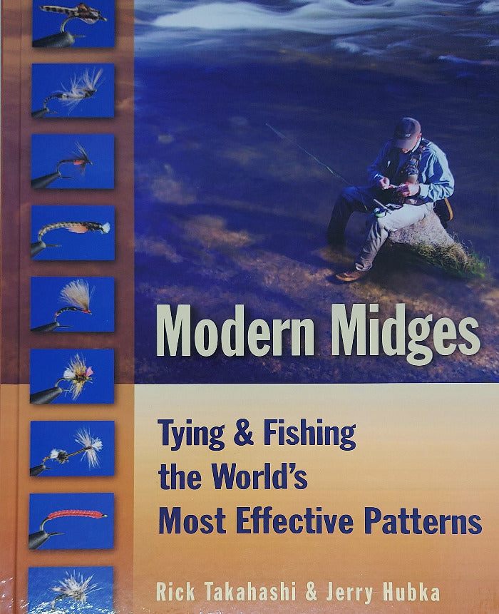 Fishing fly-tying guide book cover with blue title Modern Midges and midge illustrations