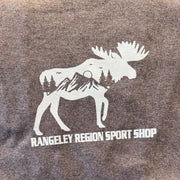 Heather brown short-sleeve tee shirt with moose silhouette graphic and 'RANGELEY REGION SPORT SHOP' text