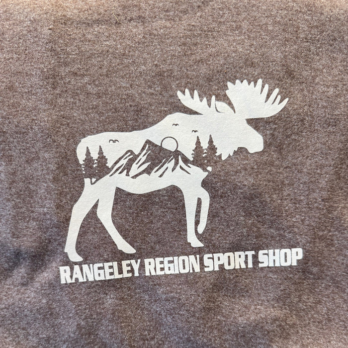 Heather brown short-sleeve tee shirt with moose silhouette graphic and 'RANGELEY REGION SPORT SHOP' text
