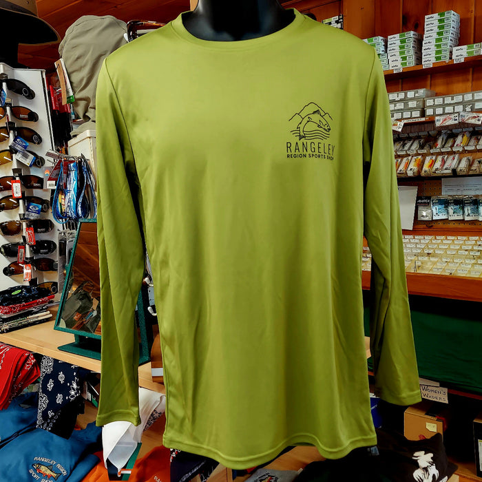 Green long-sleeve shirt on a mannequin in a store setting with various items in the background.