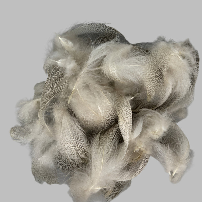 Feather flank bag with light gray and white mallard feathers, clustered