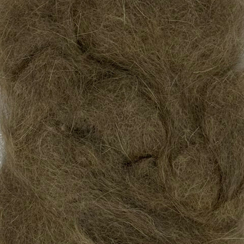 Rabbit dubbing material in olive-brown, dense shaggy fibers.