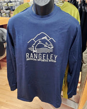 Navy blue long sleeve shirt with Rangeley Region Sports Shop graphic on front
