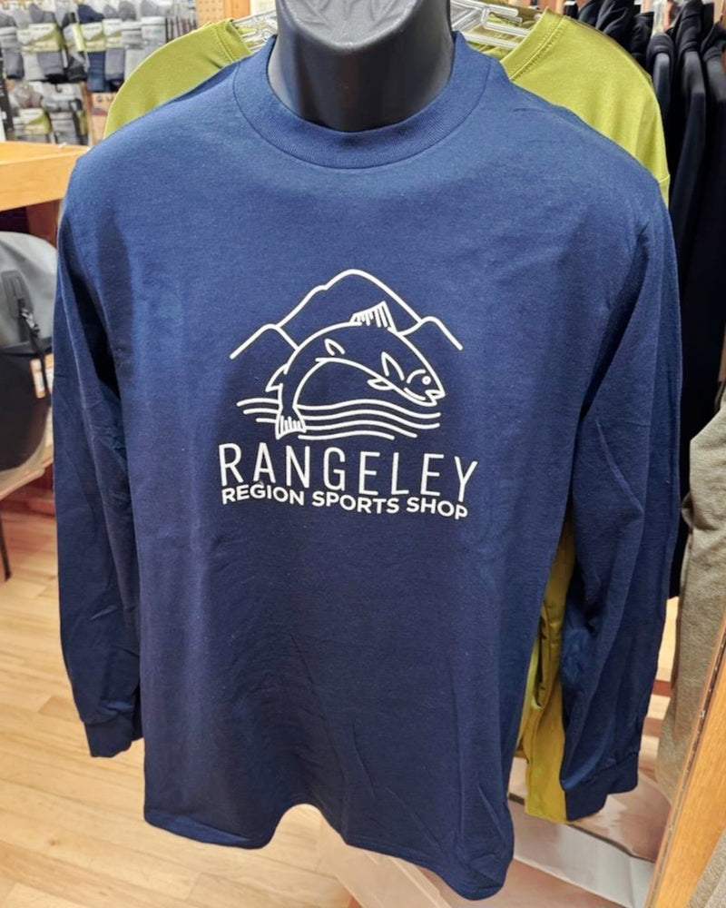 Navy blue long sleeve shirt with Rangeley Region Sports Shop graphic on front