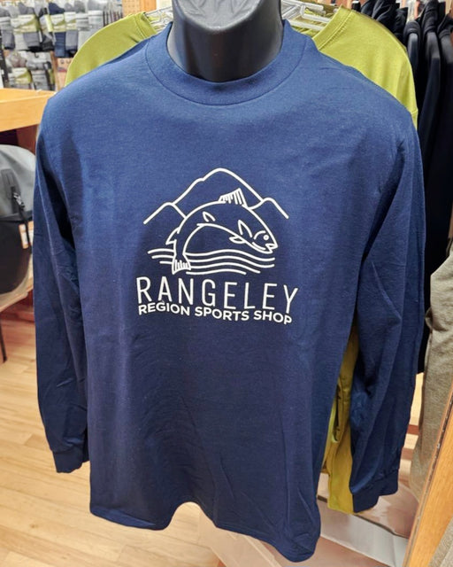 Blue tee-shirt with 'Rangeley Region Sports Shop' logo on a mannequin in a store setting.