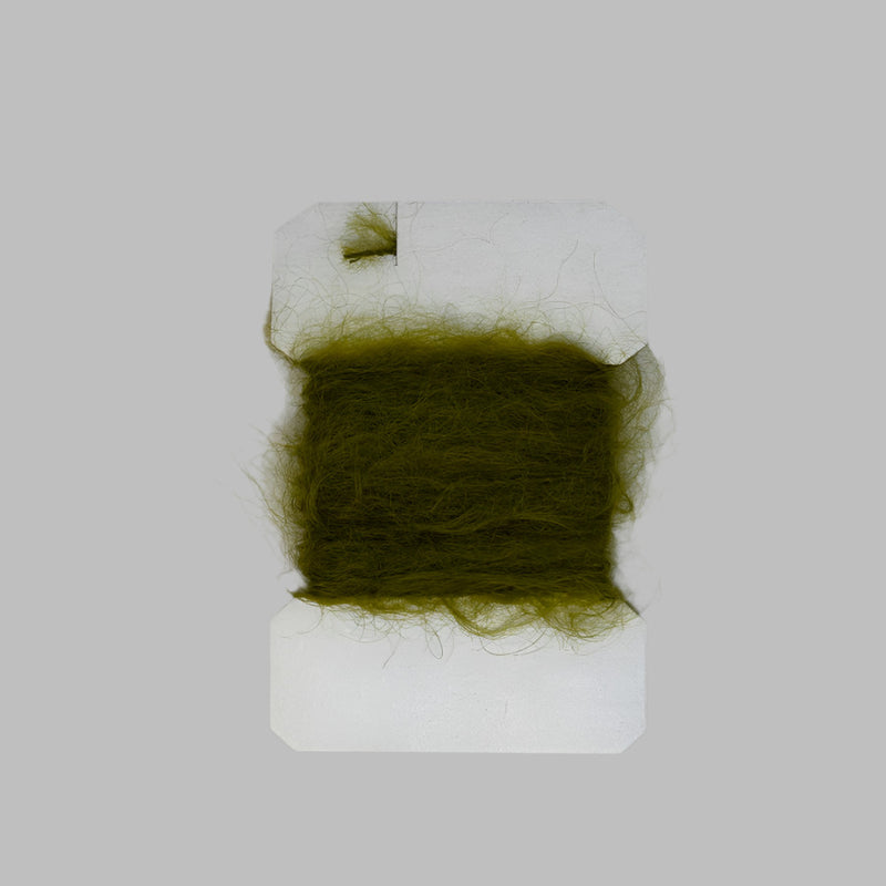 Leech mohair yarn tuft on card, olive green