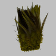 Strung rooster saddle feathers, olive green with dense barbs and quills.