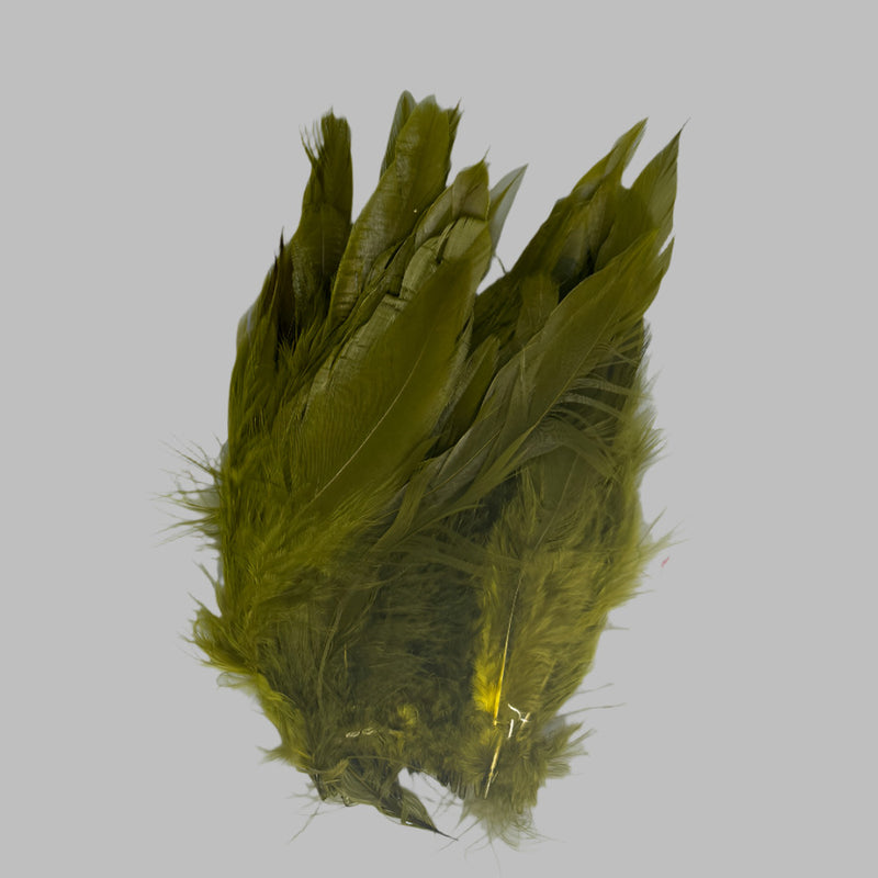 Olive green strung schlappen feathers with pointed tips