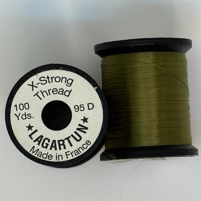Spools of olive thread from two angles side by side