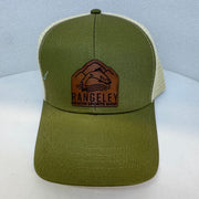 Forest green mesh trucker cap with brown leather patch logo on front