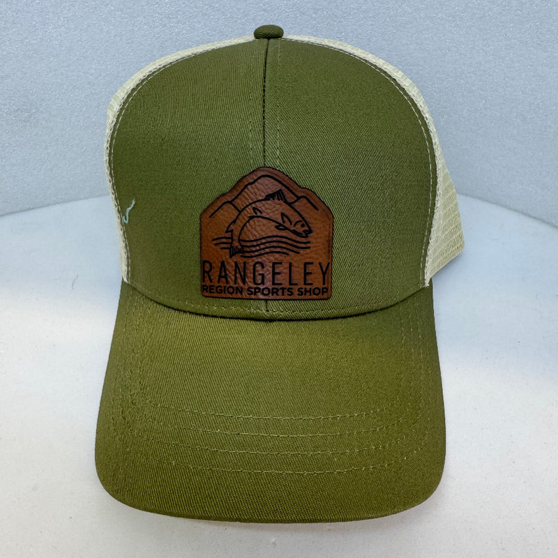 Forest green mesh trucker cap with brown leather patch logo on front