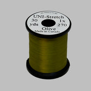 Olive stretch thread spool with label on top, 30 yd