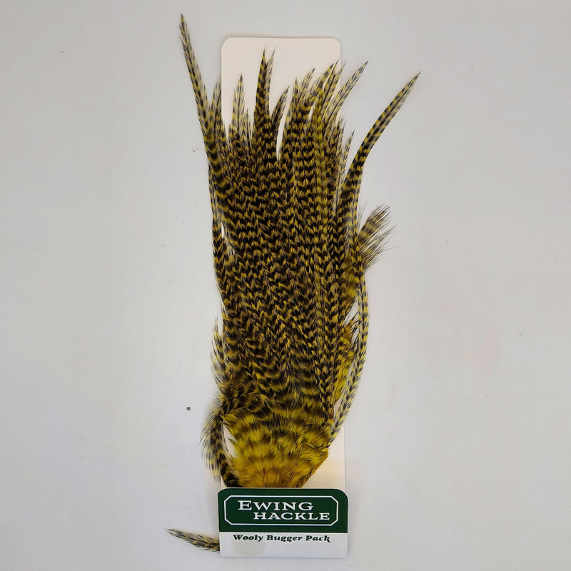 Olive and yellow wooly bugger fly pack with feather tuft